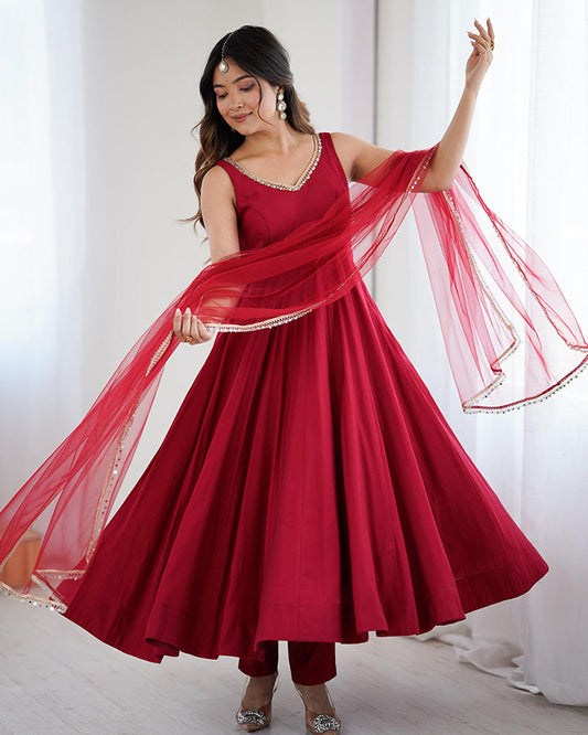 Maroon Chanderi Silk Anarkali Suit – Elegant Pure Roman Silk Party Wear