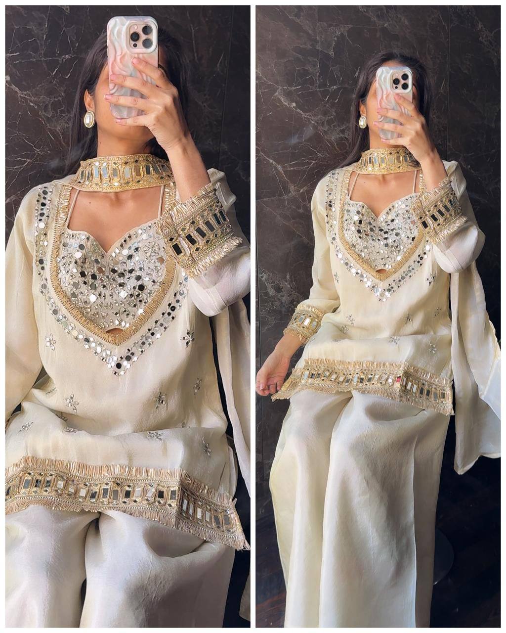 Designer Ivory Mirror Work Palazzo Suits