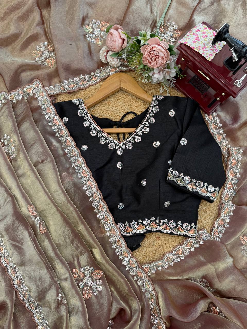 Designer Brown Fendy Silk Saree with Hand Sequin Work