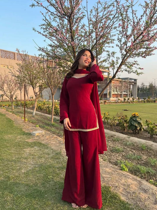 90’s Style Maroon Georgette Palazzo Sharara Suit