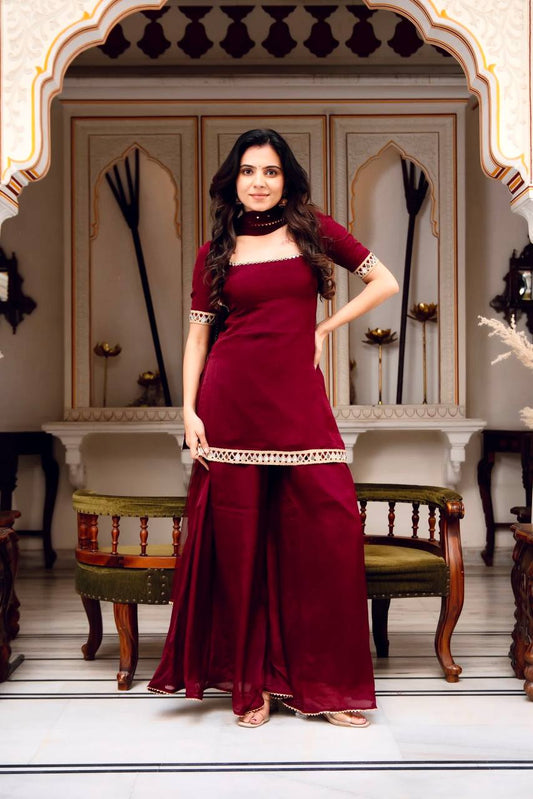 Festive Wear Wine Real Mirror Work Palazzo Suit Set with Dupatta