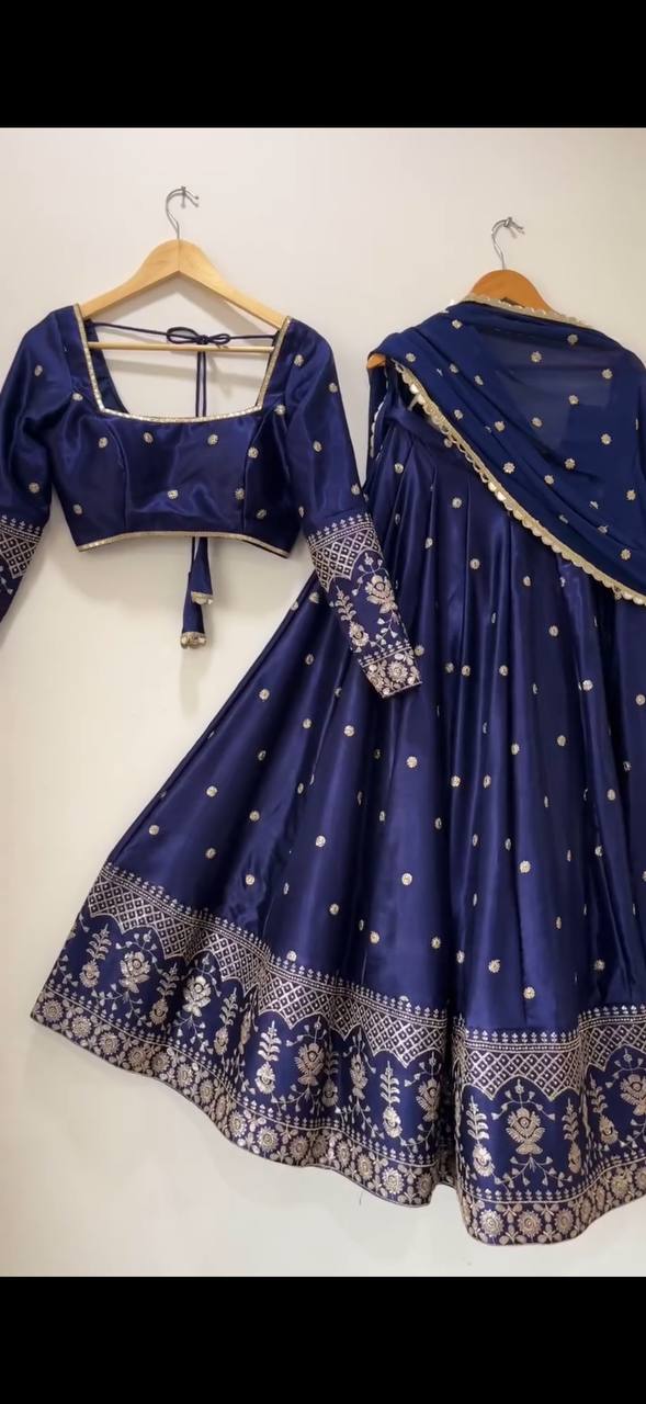 Royal Navy Blue Satin Lehenga with Sequin Work & Designer Dupatta set