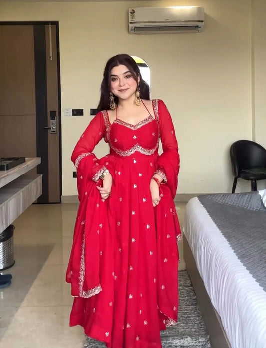 Traditional Red Chilli Slit Anarkali Premium Suit Set | Festive & Party Wear