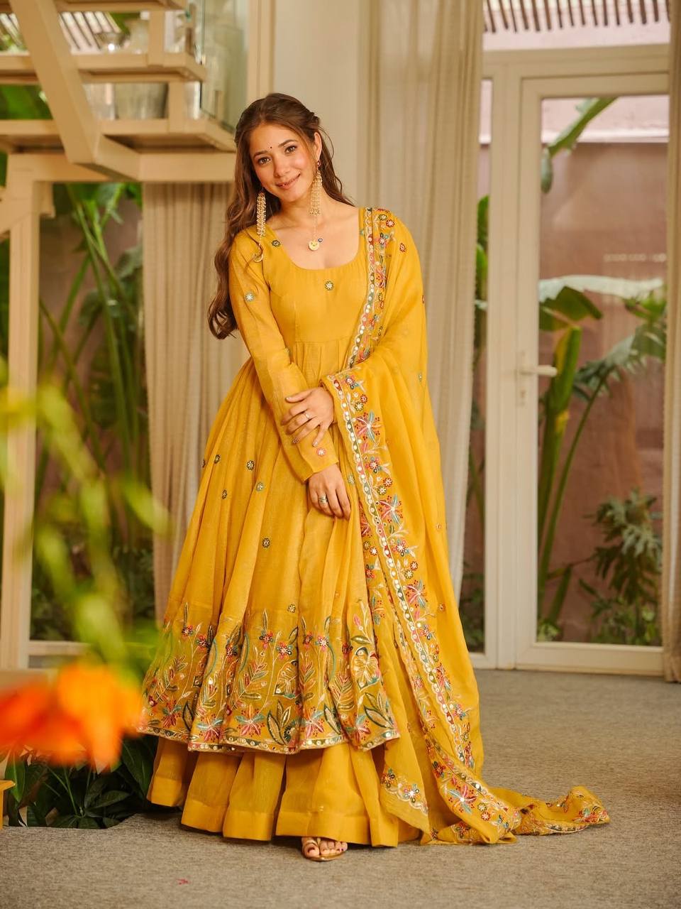 Mustard Yellow Embroidered Anarkali Palazzo Set With Dupatta | Designer Festive Wear for Women