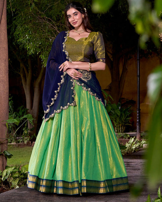 Elegant Pista Green Kanchipuram Silk Zari Weaving Lehenga Choli with Blouse