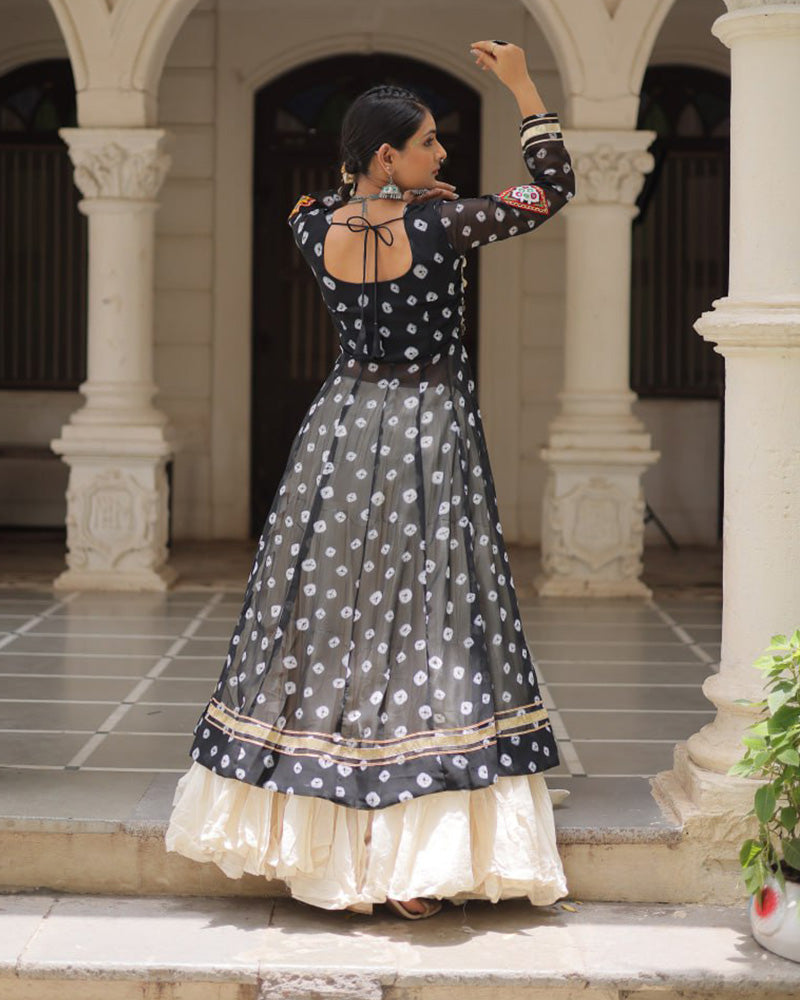 Black Bandhani Print Kurti With Kora Cotton Lehenga for Women