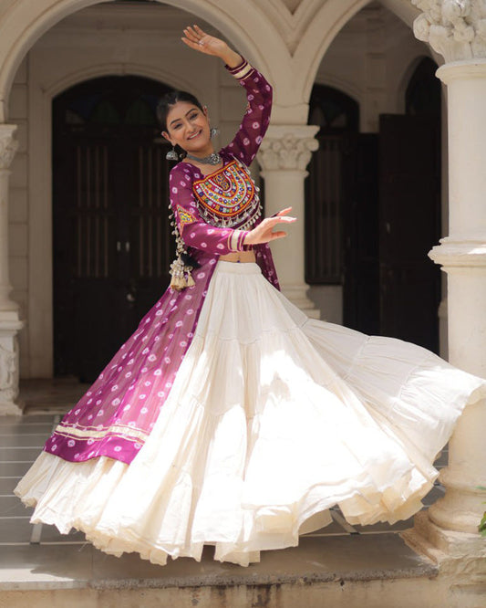 Purple Bandhani Print Kurti with Kora Cotton Lehenga for Women
