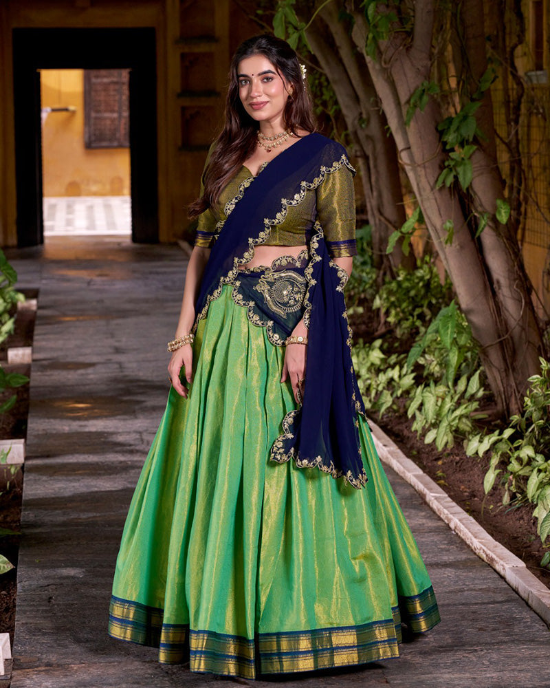 Elegant Pista Green Kanchipuram Silk Zari Weaving Lehenga Choli with Blouse