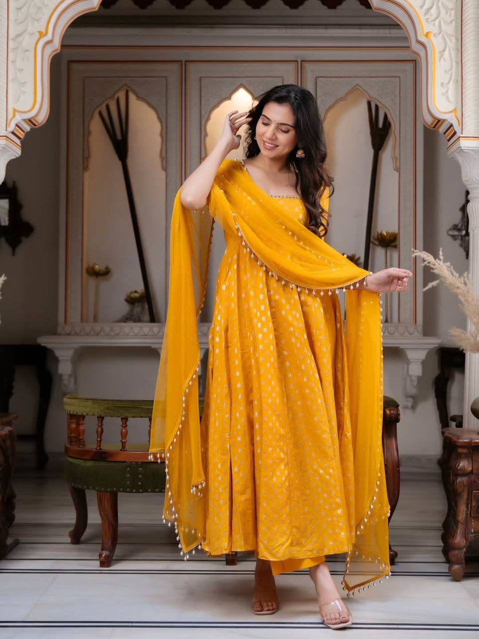Haldi Special Mirror Work Yellow Anarkali Suit Set with Dupatta for Women