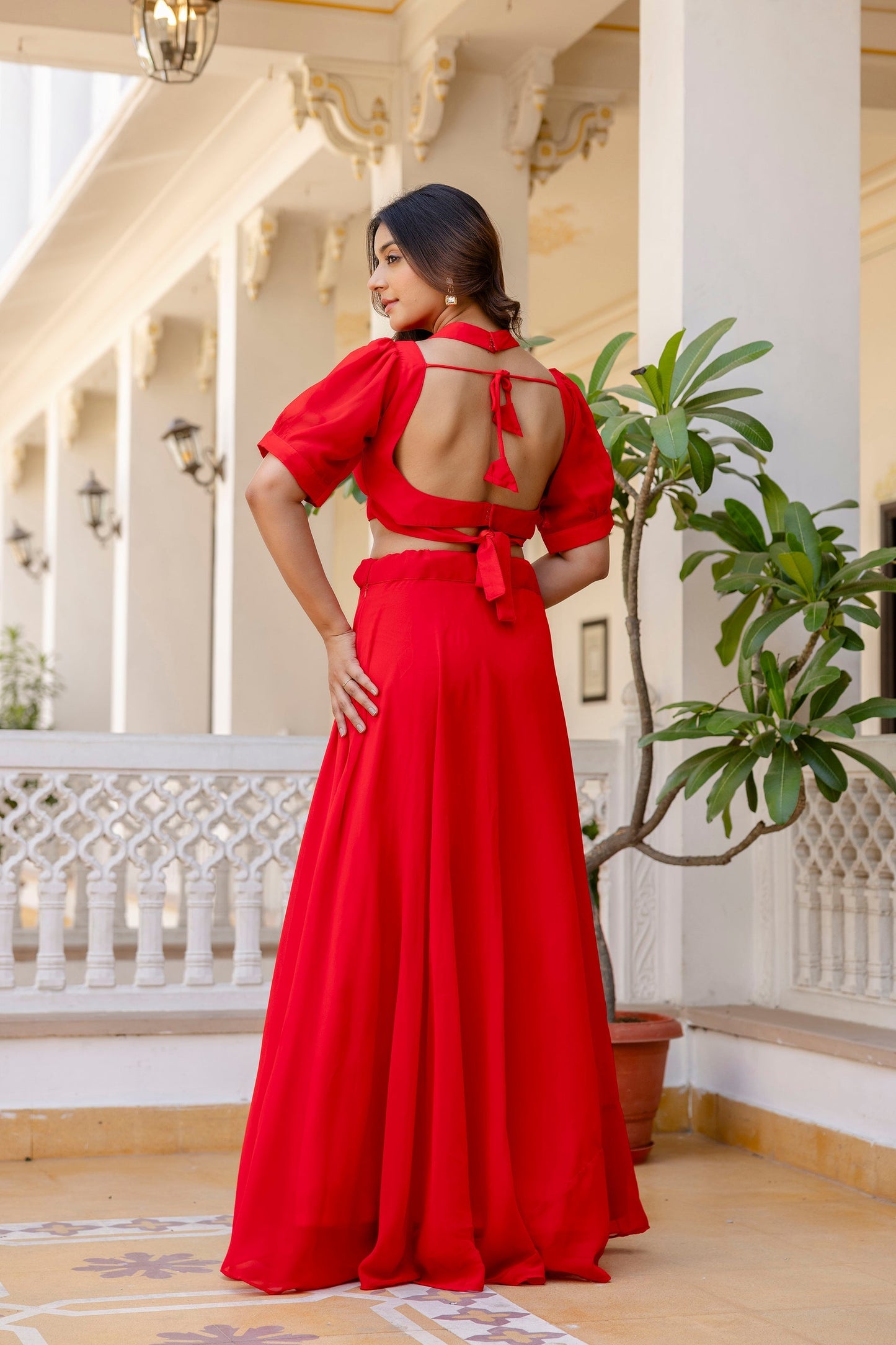 Red Fancy Neck & Back Pattern Fully Stitched Red Georgette Lehenga Choli