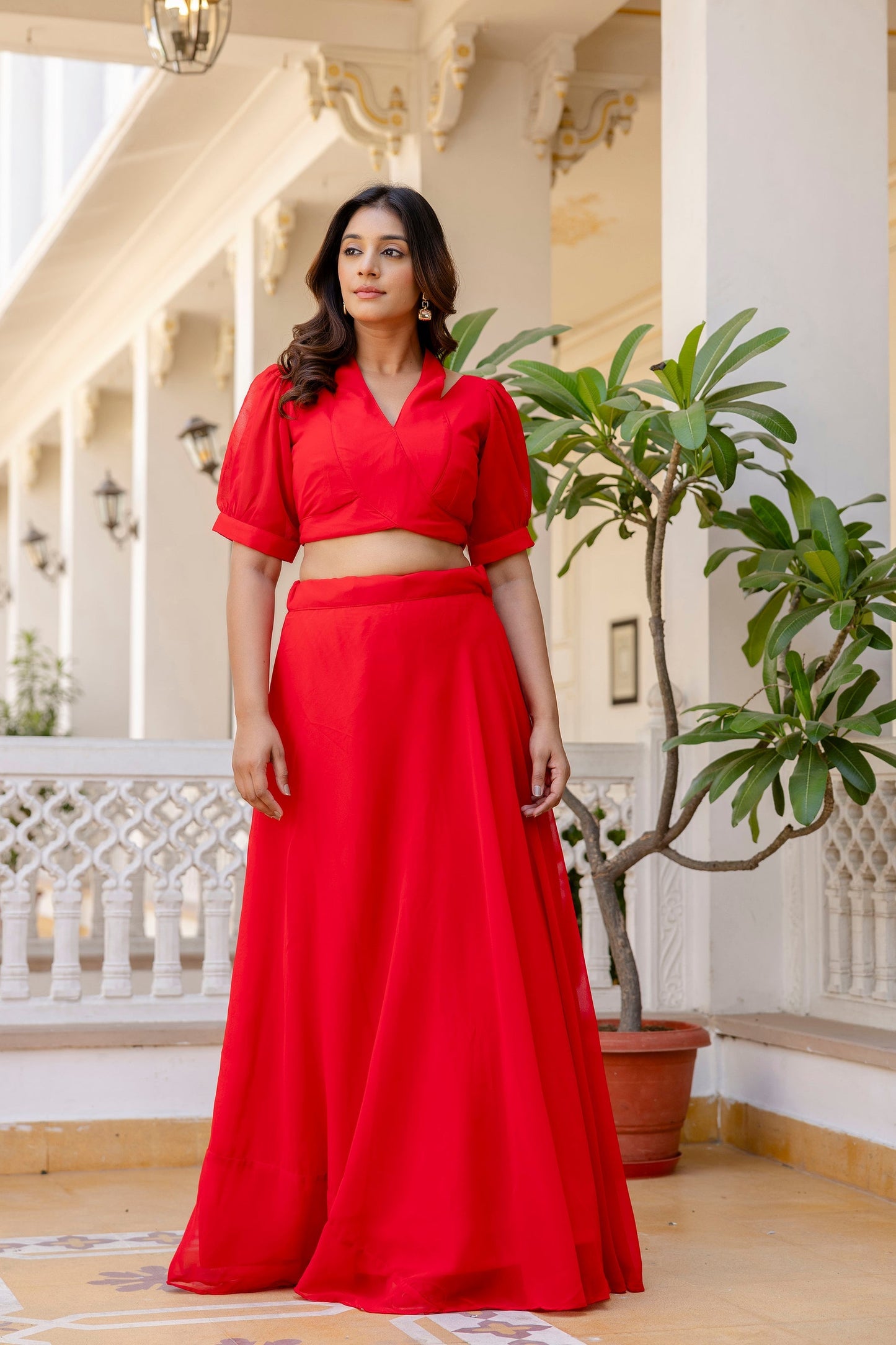 Red Fancy Neck & Back Pattern Fully Stitched Red Georgette Lehenga Choli