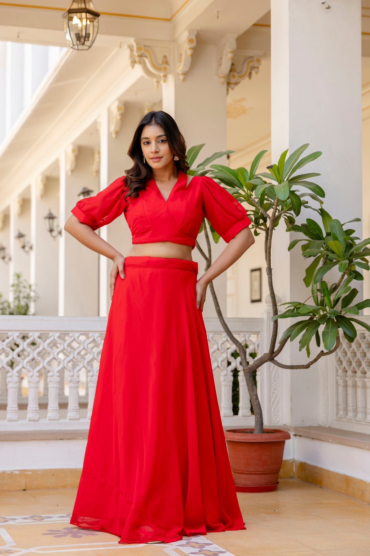 Red Fancy Neck & Back Pattern Fully Stitched Red Georgette Lehenga Choli