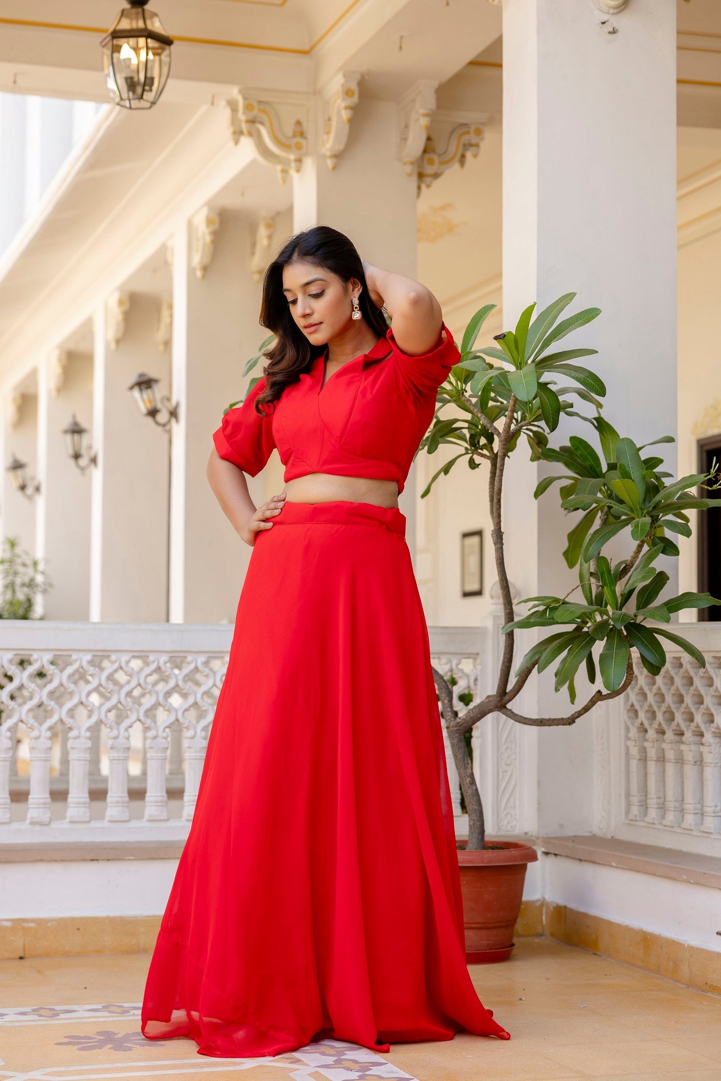 Red Fancy Neck & Back Pattern Fully Stitched Red Georgette Lehenga Choli