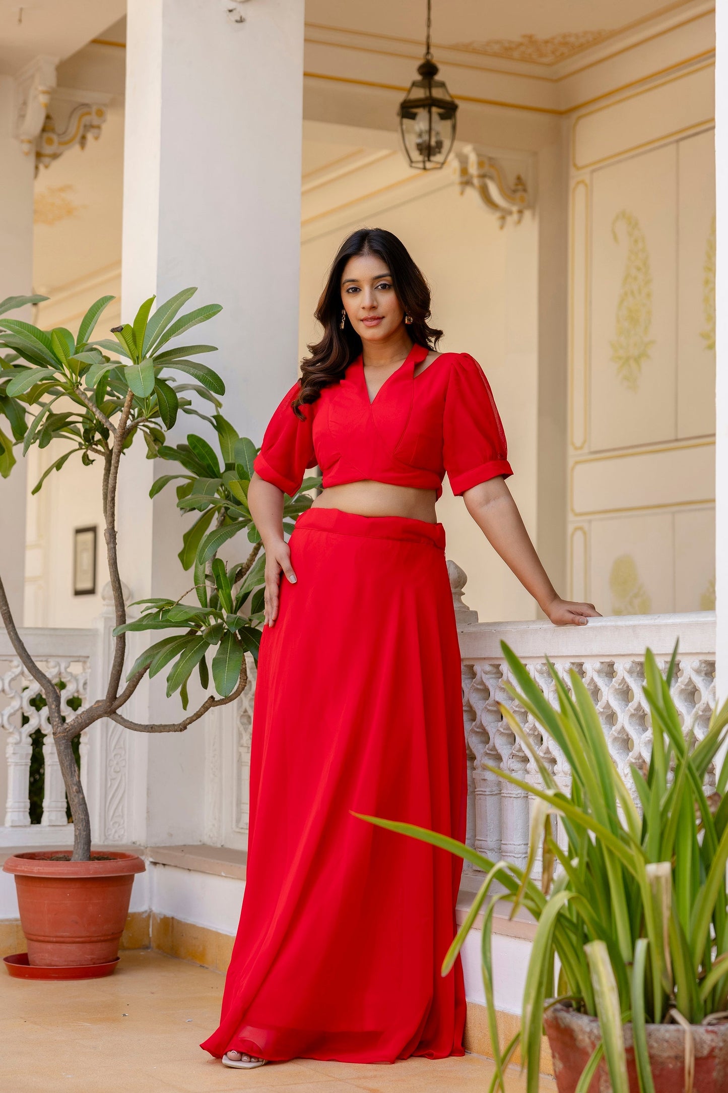Red Fancy Neck & Back Pattern Fully Stitched Red Georgette Lehenga Choli