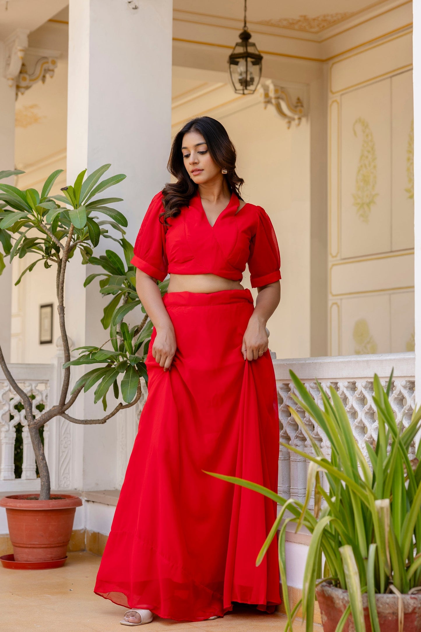 Red Fancy Neck & Back Pattern Fully Stitched Red Georgette Lehenga Choli