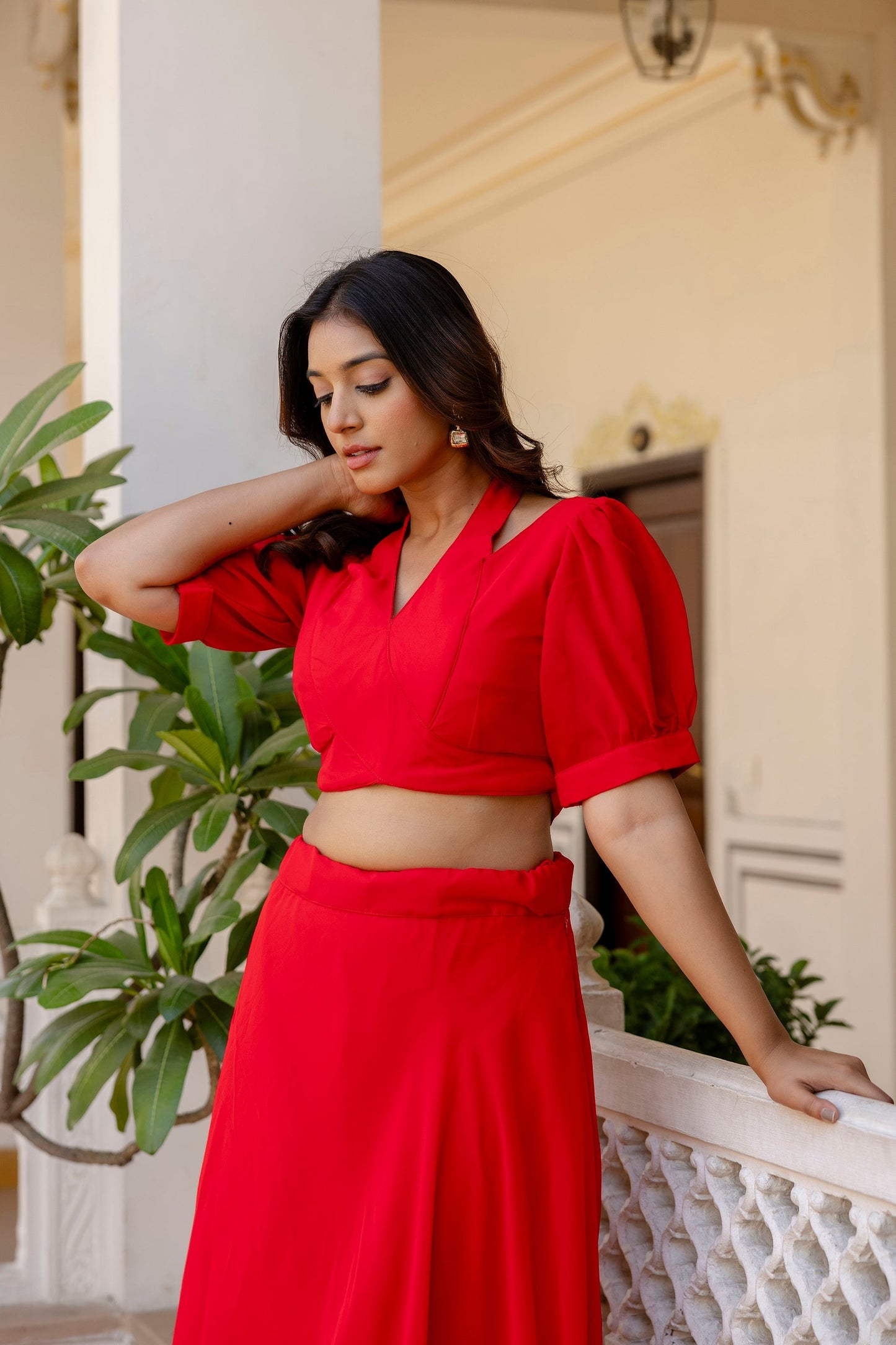 Red Fancy Neck & Back Pattern Fully Stitched Red Georgette Lehenga Choli