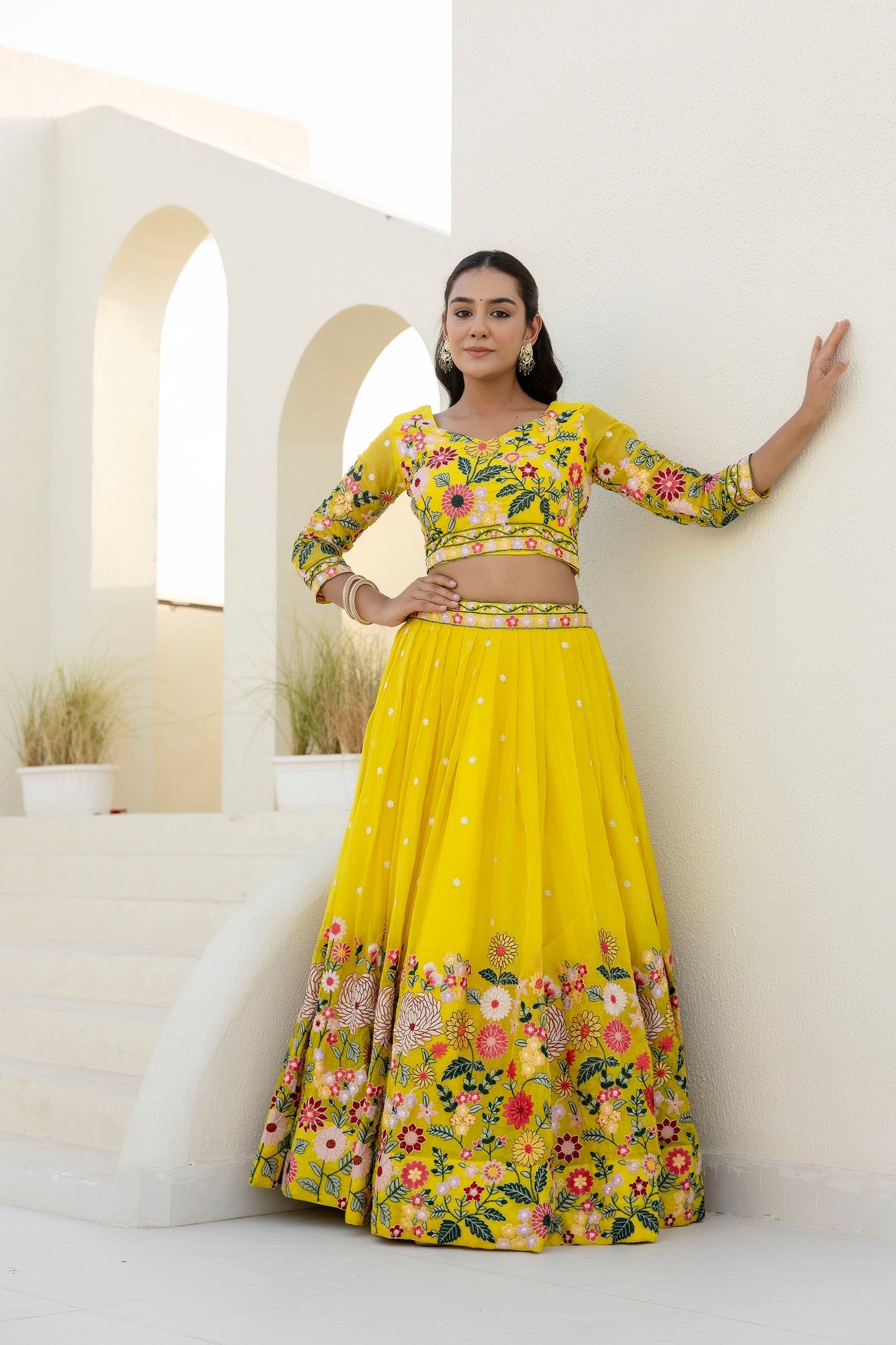 Yellow Floral Sequins Thread Embroidered Lehenga Choli