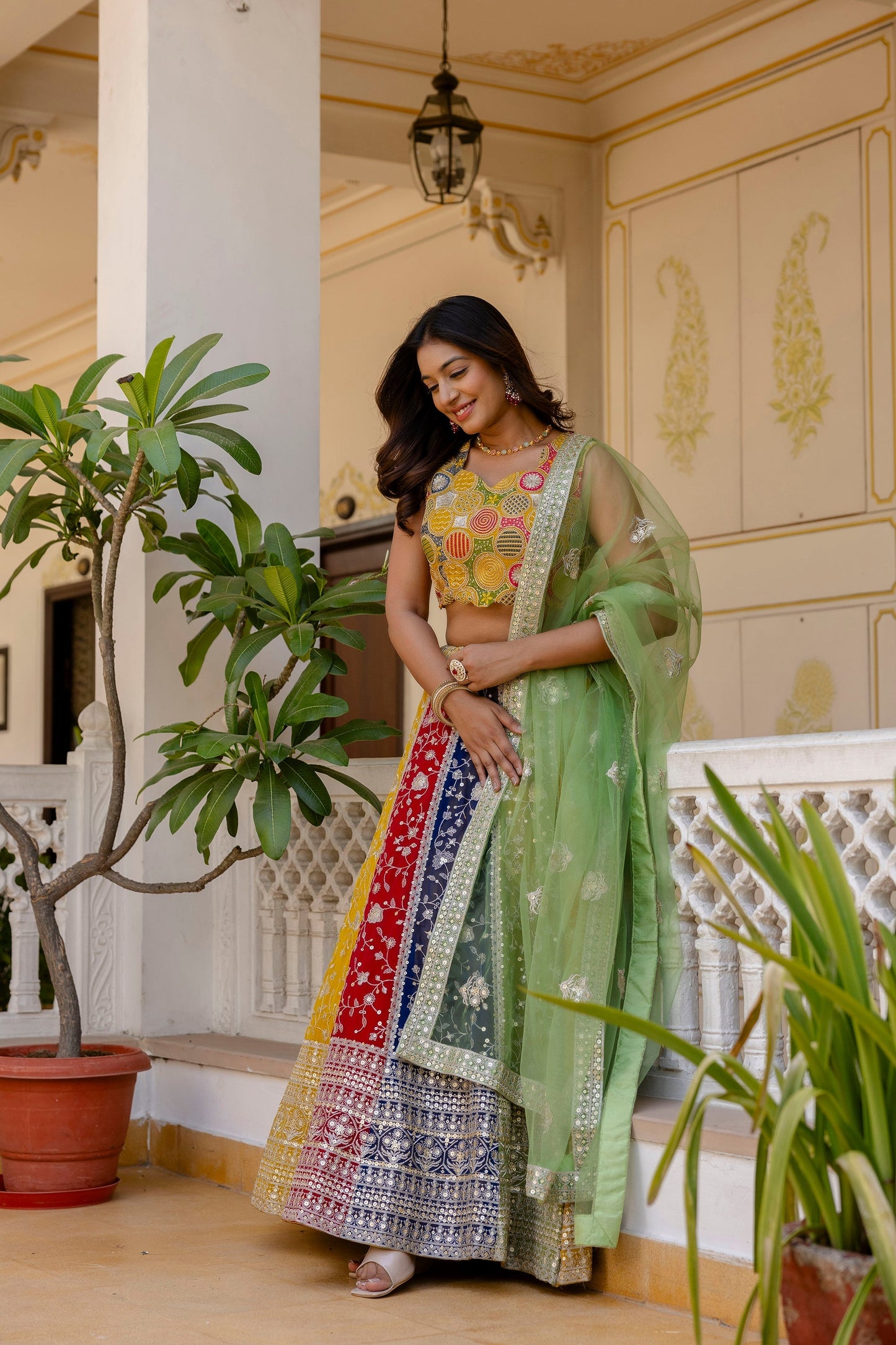 Multicolored Faux Georgette Sequins Thread Worked Lehenga Choli