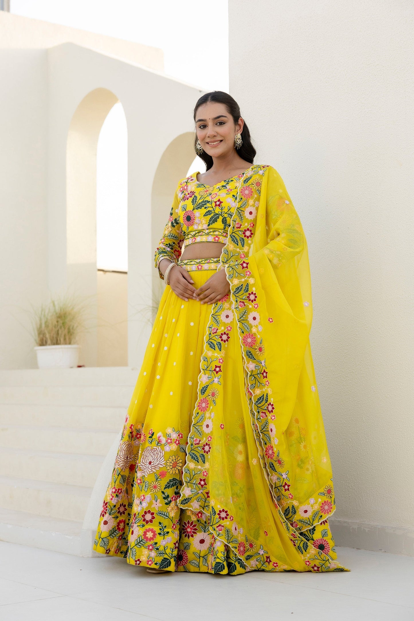 Yellow Floral Sequins Thread Embroidered Lehenga Choli