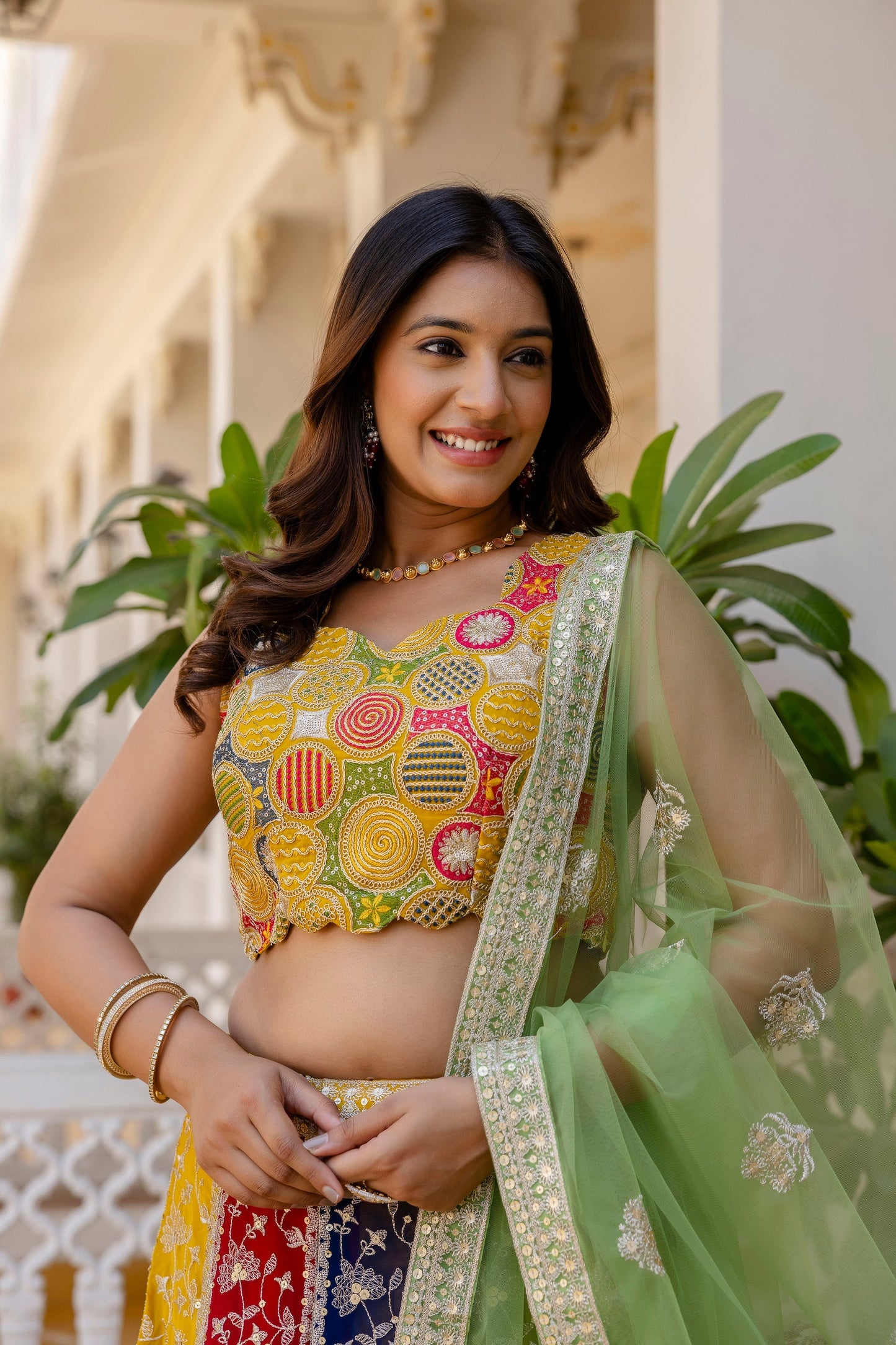 Multicolored Faux Georgette Sequins Thread Worked Lehenga Choli
