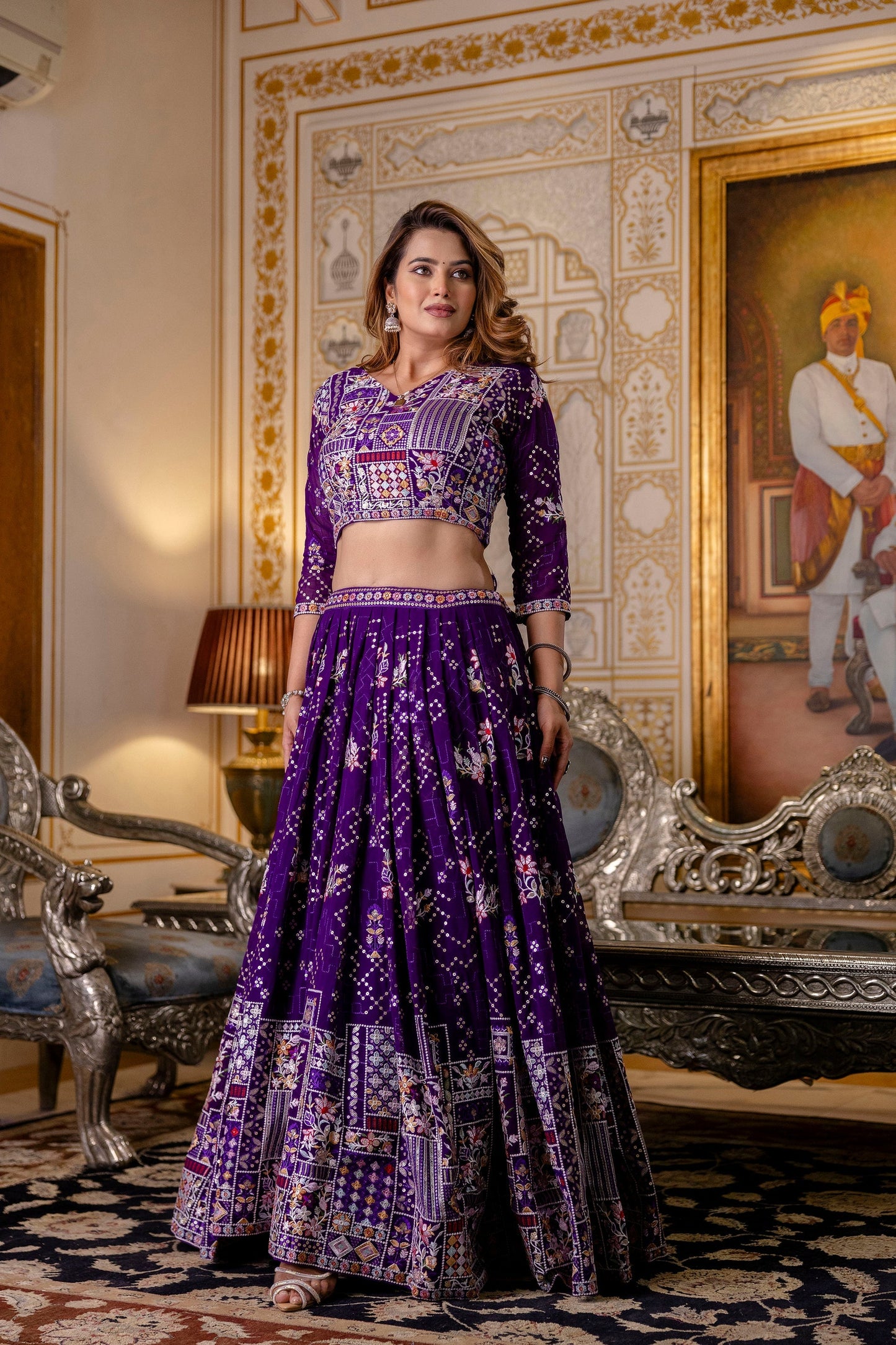 Purple Floral Sequins Thread Embroidered Lehenga Choli Set
