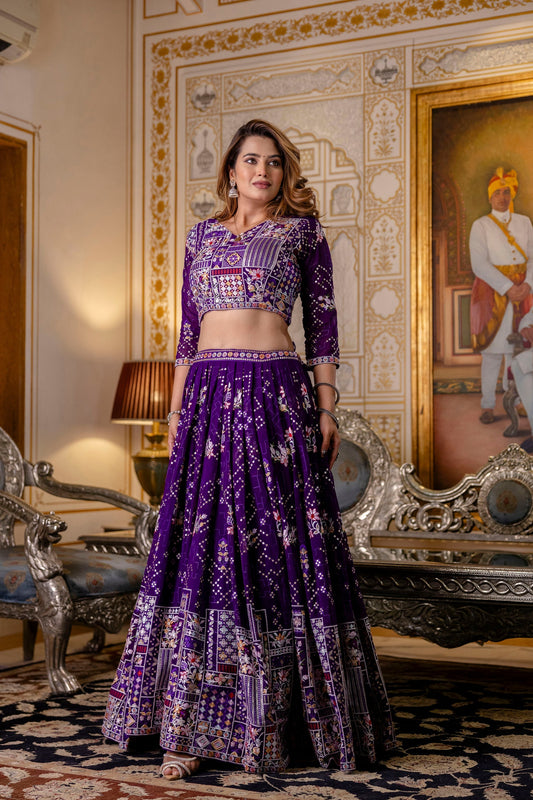 Purple Floral Sequins Thread Embroidered Lehenga Choli Set