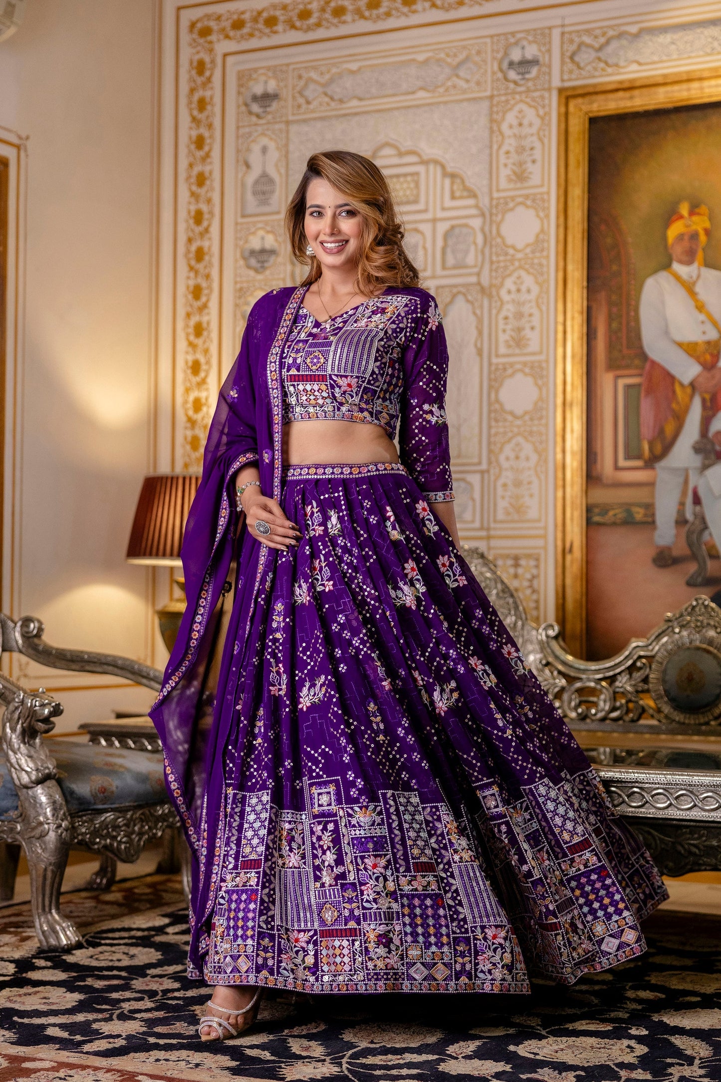 Purple Floral Sequins Thread Embroidered Lehenga Choli Set