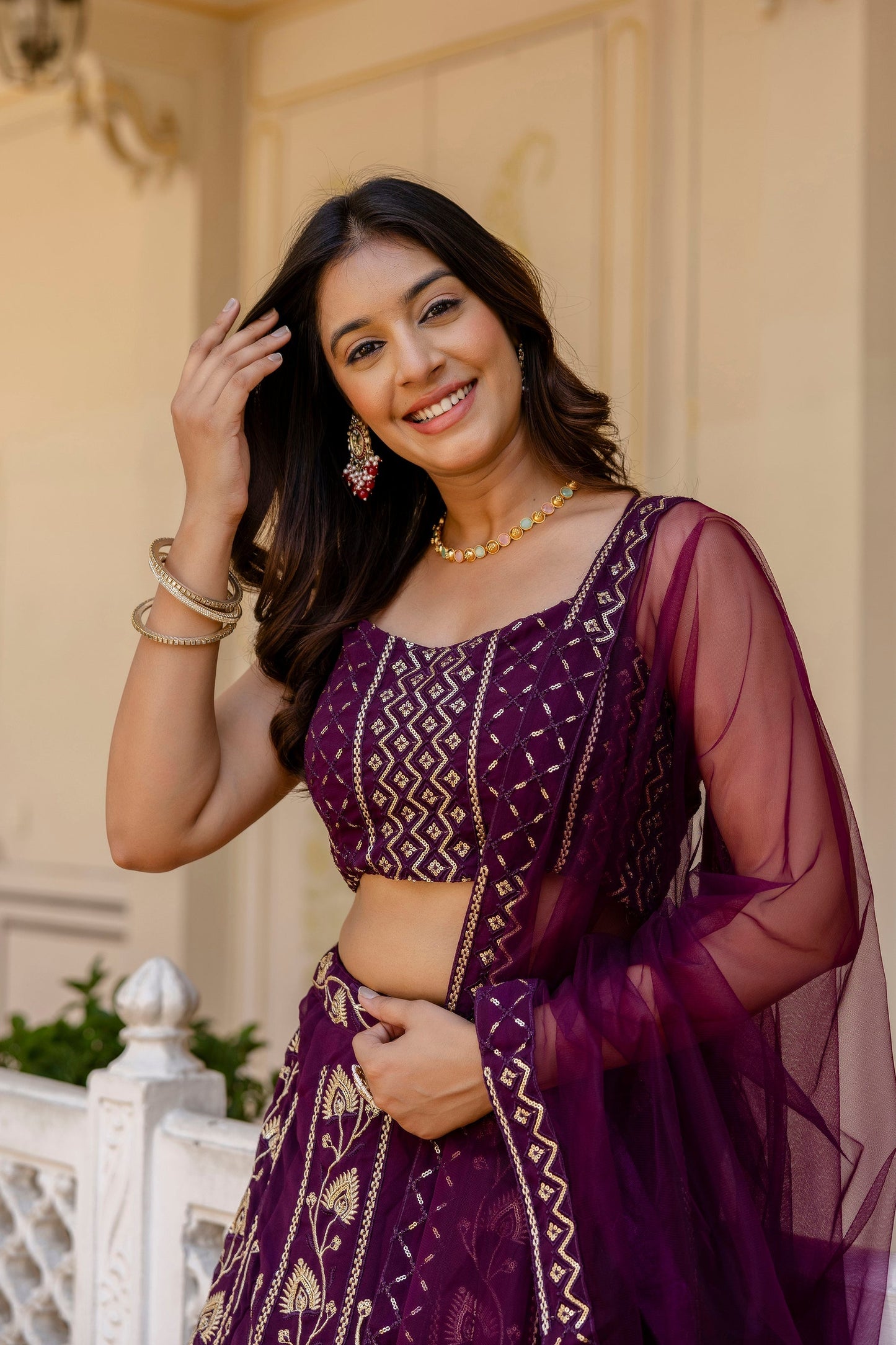 Wine Georgette Sequins Embroidered Lehenga Choli Set
