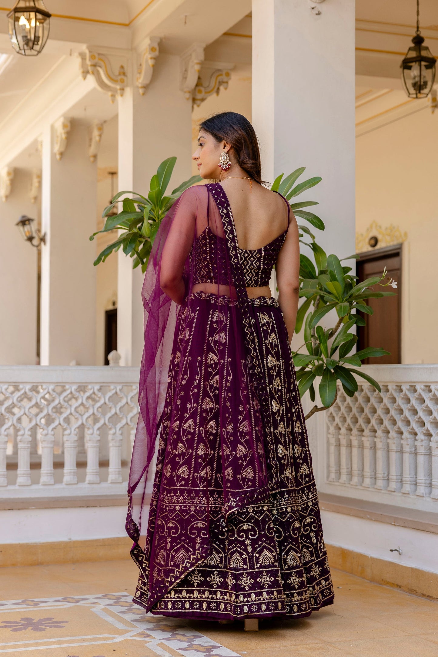 Wine Georgette Sequins Embroidered Lehenga Choli Set