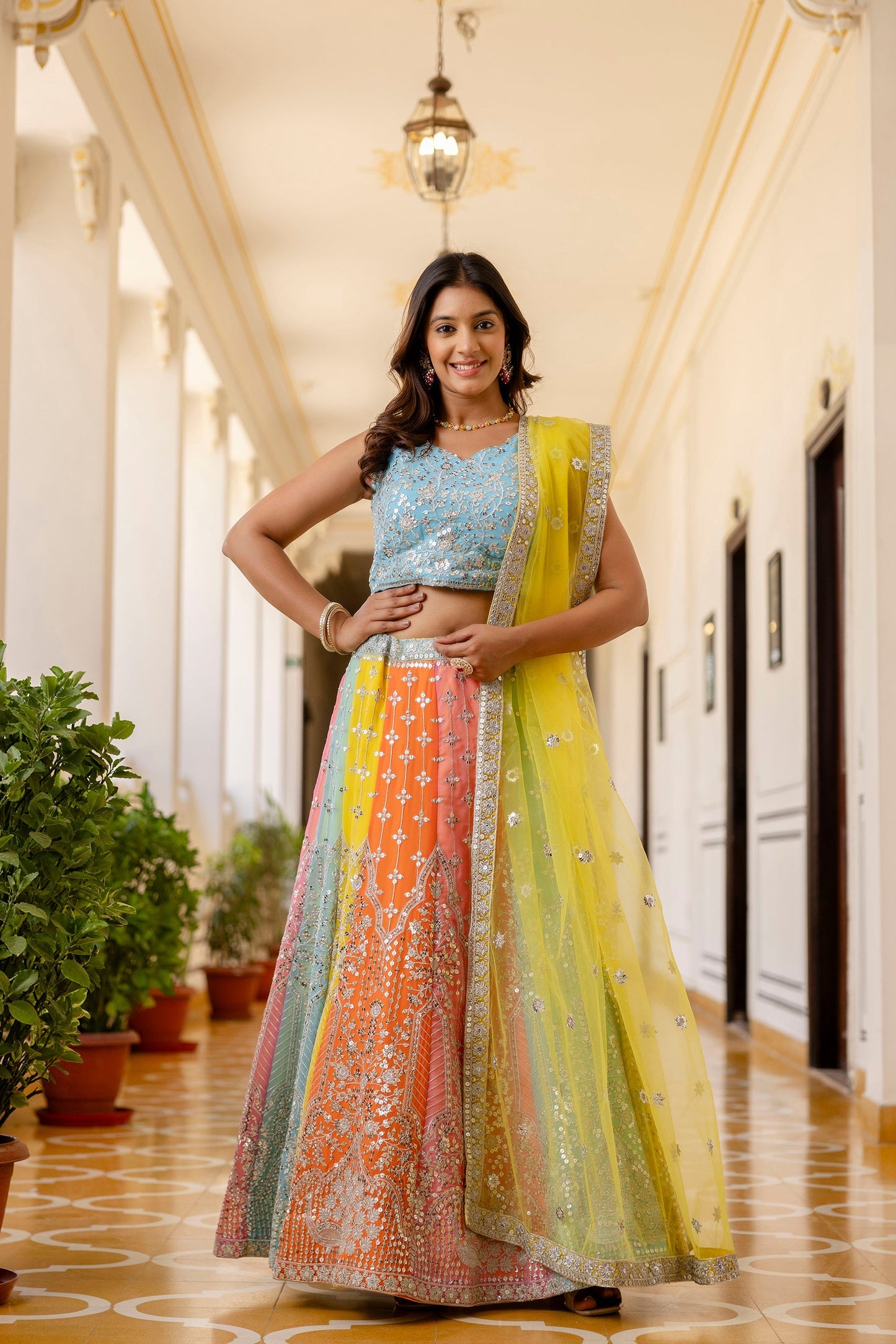 Multicolored Faux Georgette Sequins Thread Embroidered Lehenga Choli