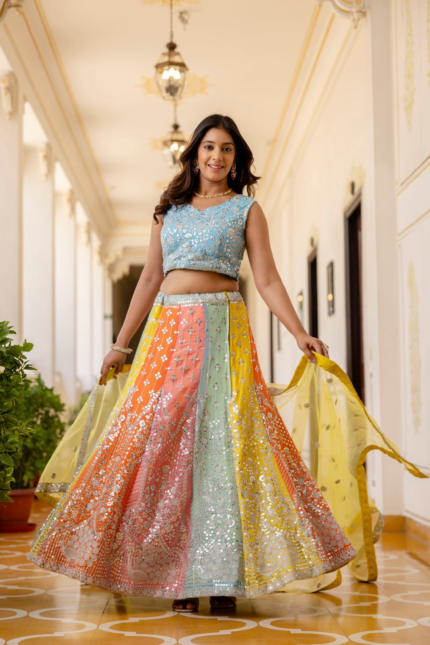 Multicolored Faux Georgette Sequins Thread Embroidered Lehenga Choli