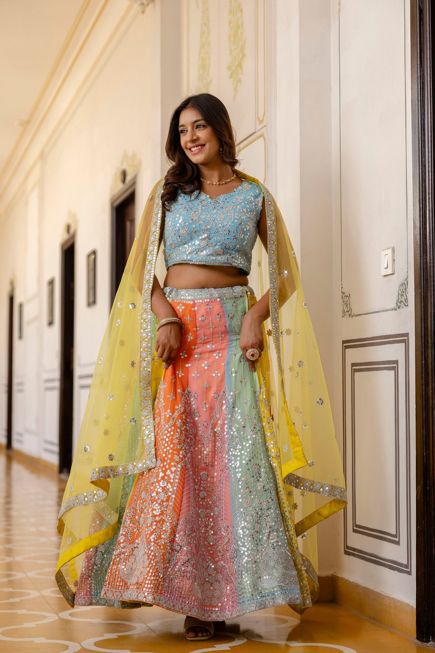 Multicolored Faux Georgette Sequins Thread Embroidered Lehenga Choli