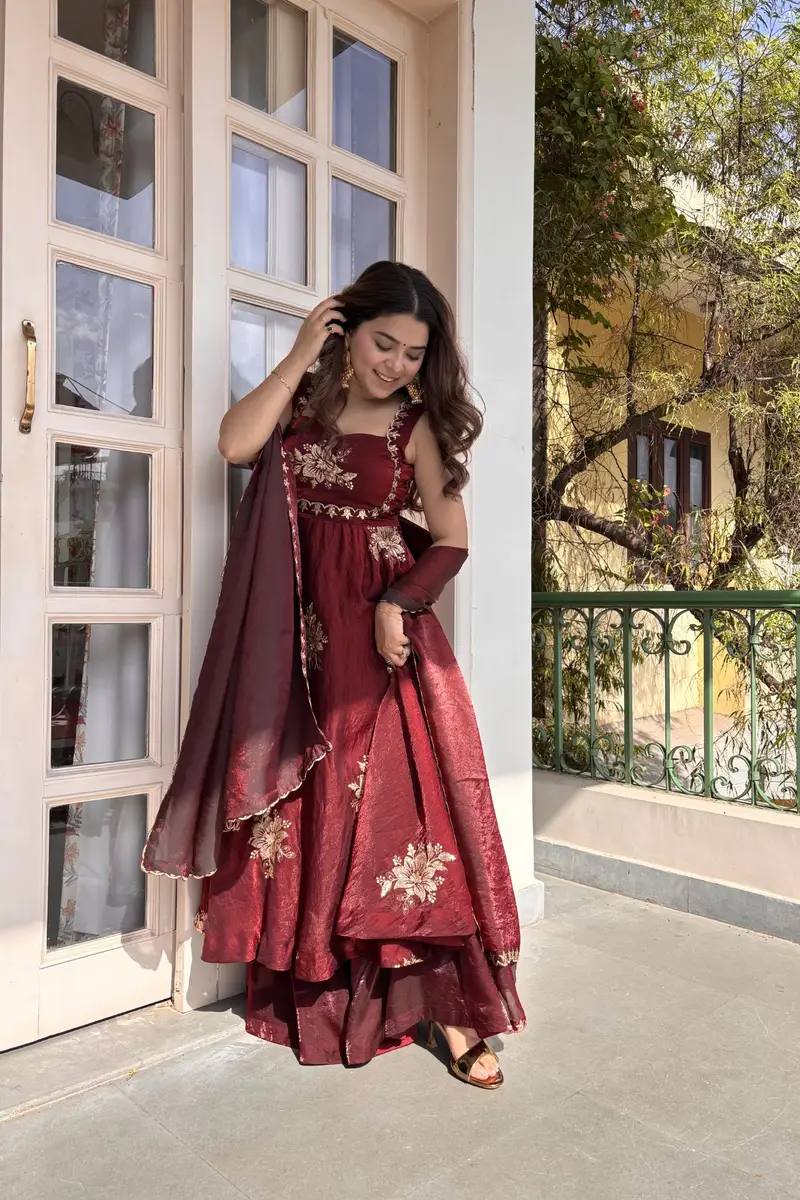Fendy Silk Anarkali Suit Set with Palazzo & Dupatta – Sequins Embroidered Party Wear for Women