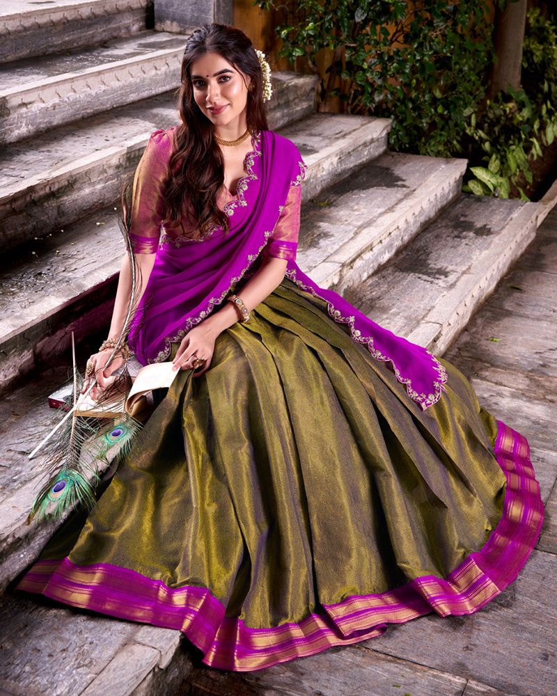 Traditional Mehndi Color Kanchipuram Zari Weaving Lehenga Choli for Wedding and Festive Wear