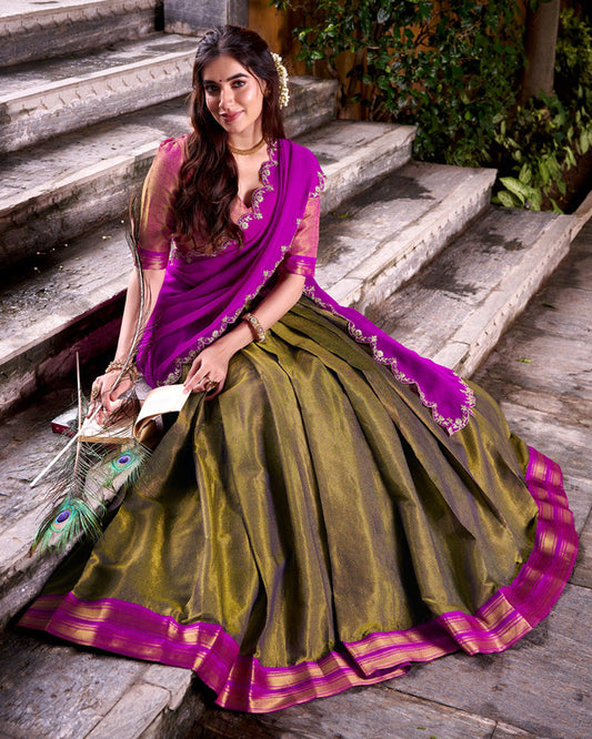 Traditional Mehndi Color Kanchipuram Zari Weaving Lehenga Choli for Wedding and Festive Wear