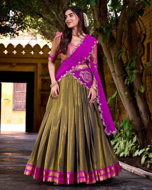 Traditional Mehndi Color Kanchipuram Zari Weaving Lehenga Choli for Wedding and Festive Wear