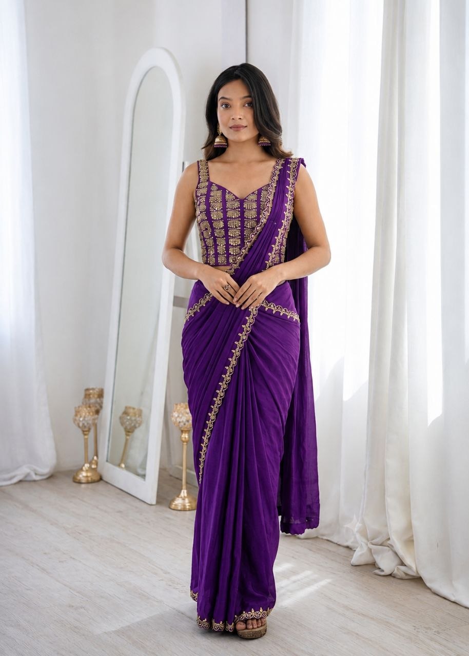 Party Wear Ready to Wear Crape Silk Saree with Embroidered Blouse for Women