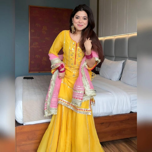 Sunshine Yellow Readymade Sharara Suit Set with Pink Dupatta – Mirror Work Festive Wear for Women