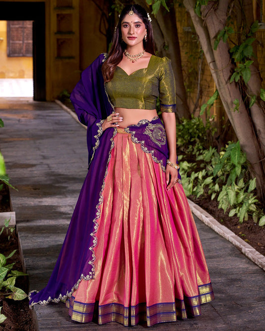 Designer Orange Kanchipuram Zari Weaving Silk Lehenga Choli for Women