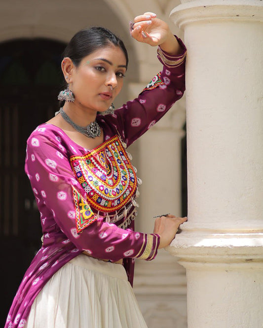Purple Bandhani Print Kurti with Kora Cotton Lehenga for Women