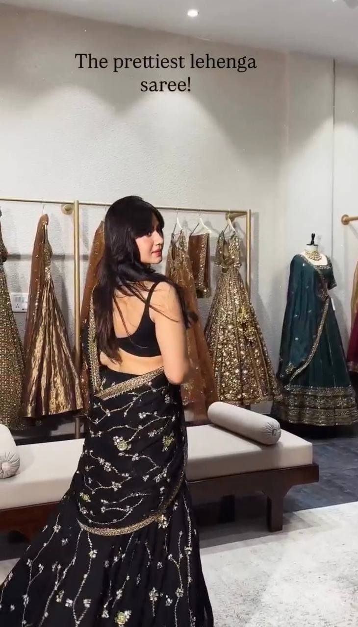 Festive Party Wear Ready-to-Wear Black Georgette Lehenga Saree Set for Women