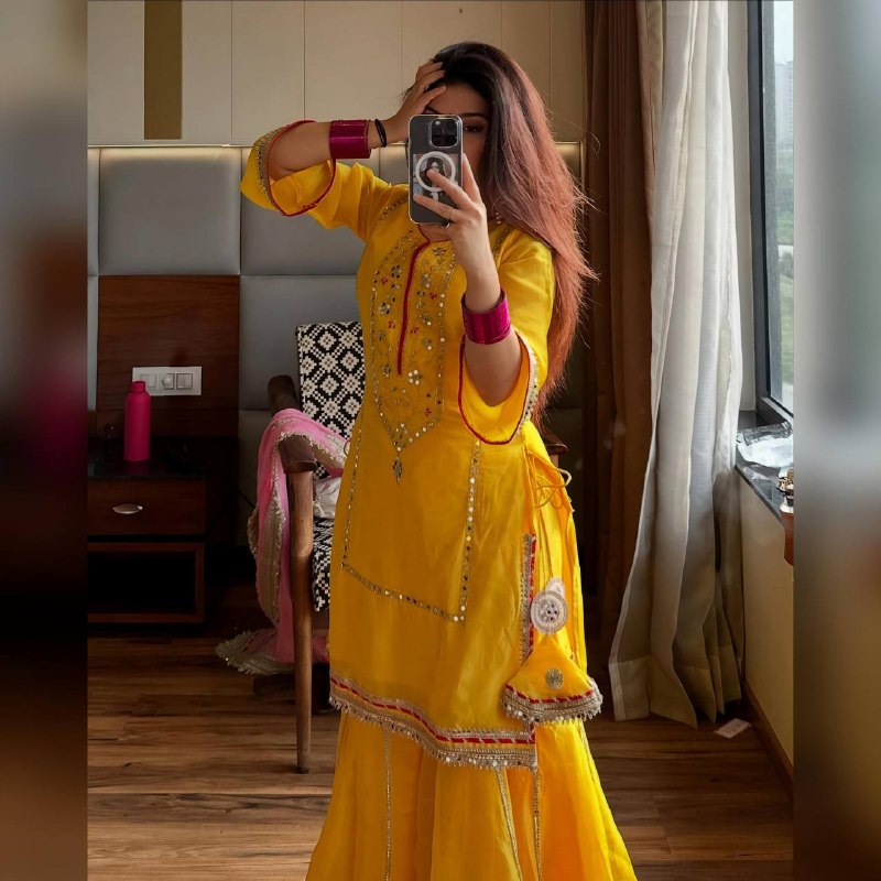 Sunshine Yellow Readymade Sharara Suit Set with Pink Dupatta – Mirror Work Festive Wear for Women