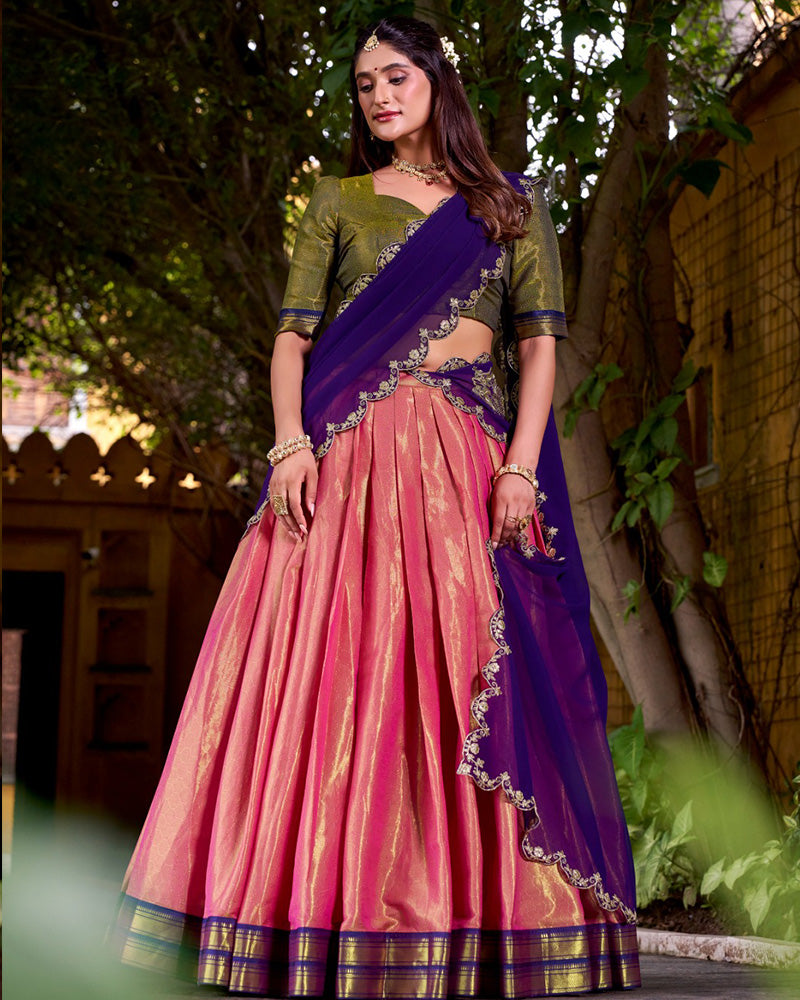 Designer Orange Kanchipuram Zari Weaving Silk Lehenga Choli for Women