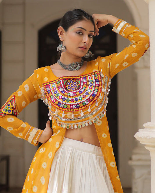 Designer Yellow Bandhani Print Kurti with Cotton Lehenga For Festive Wear