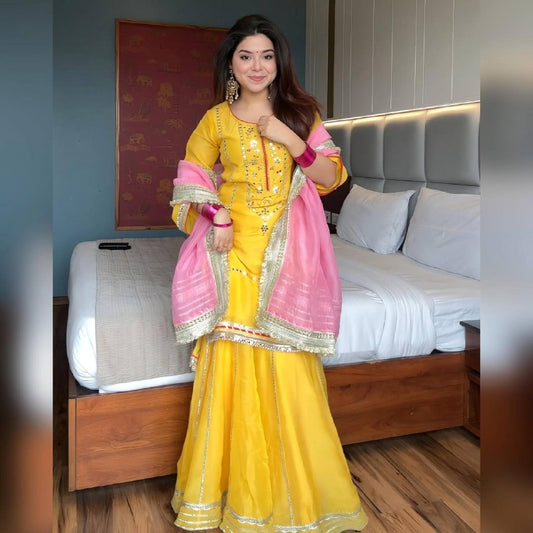 Sunshine Yellow Readymade Sharara Suit Set with Pink Dupatta – Mirror Work Festive Wear for Women