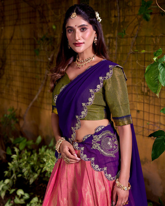 Designer Orange Kanchipuram Zari Weaving Silk Lehenga Choli for Women