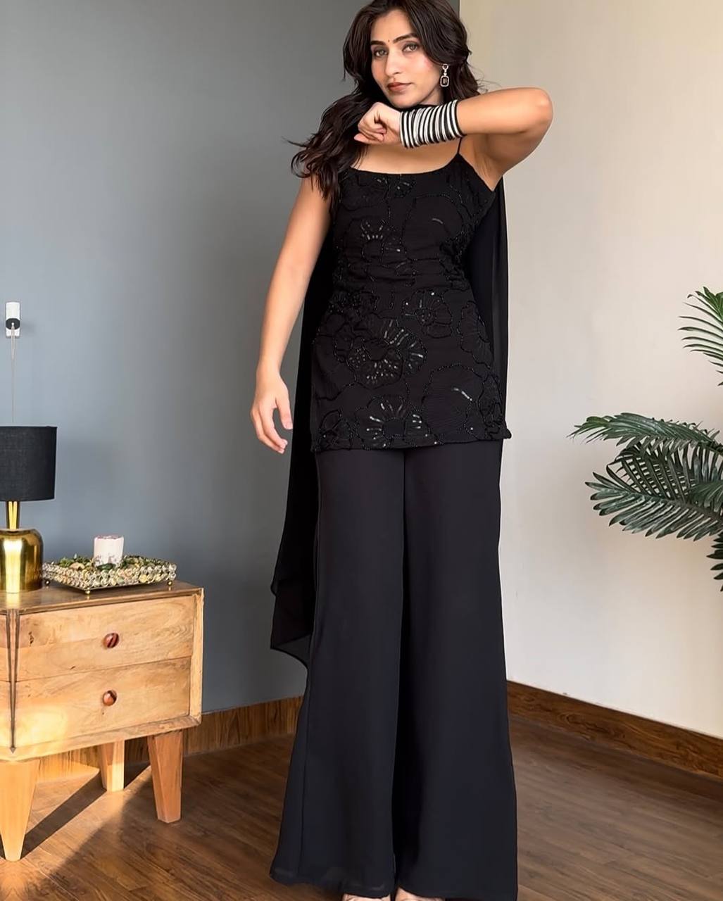 Festive Wear Classic 90's Inspired Black Cosmos Kurta Palazzo Set with Dupatta