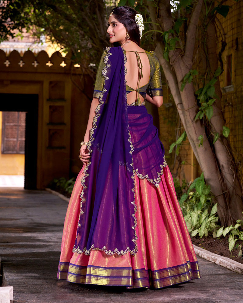 Designer Orange Kanchipuram Zari Weaving Silk Lehenga Choli for Women