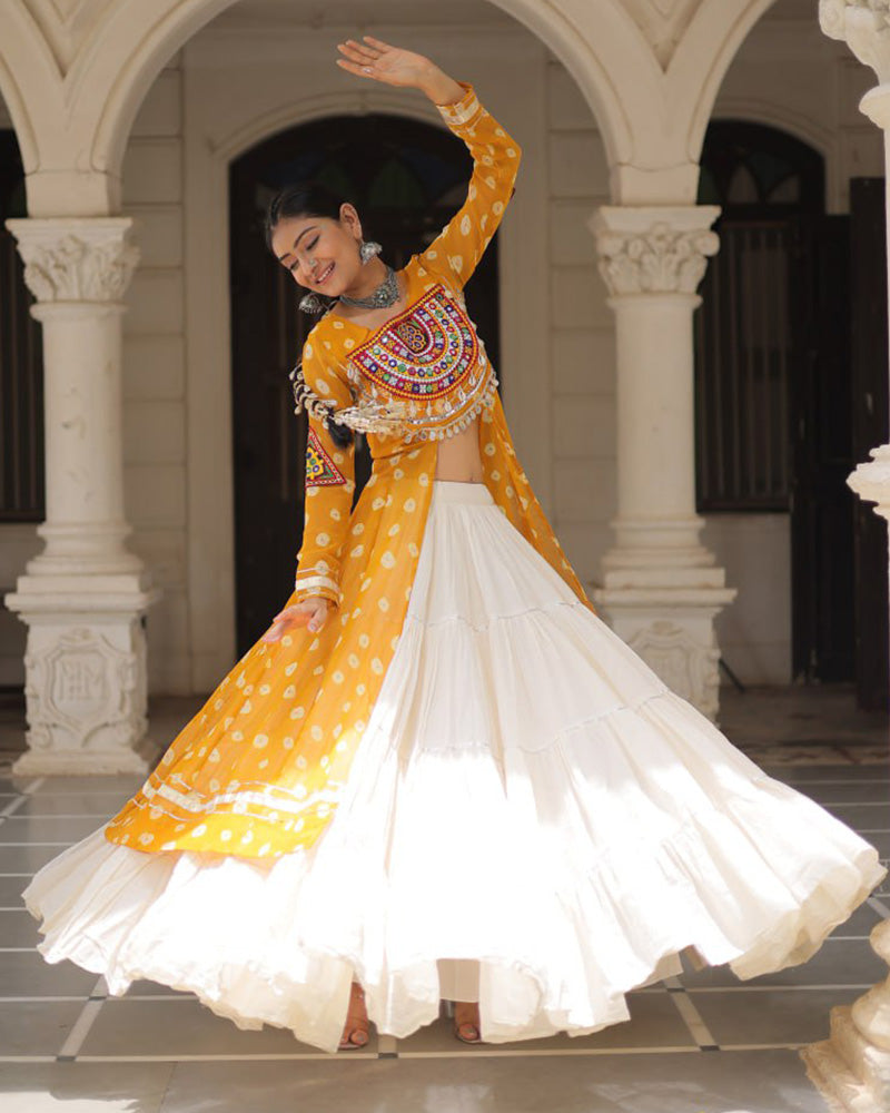 Designer Yellow Bandhani Print Kurti with Cotton Lehenga For Festive Wear