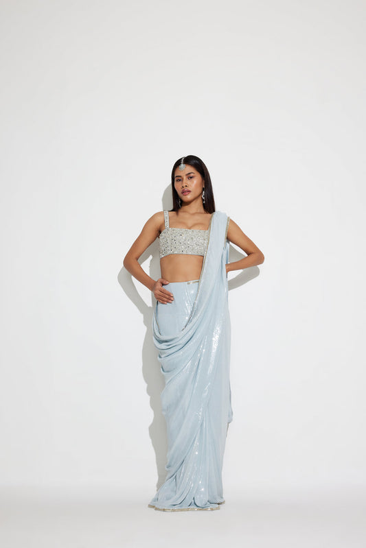Party Wear Ice-Blue Pre-draped sequin saree